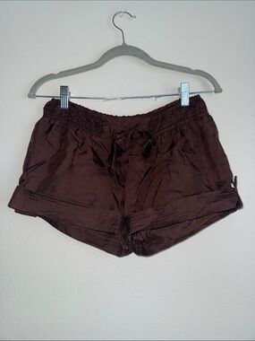 Bebe silk satin mini shorts with buttons and tie bow dark brown